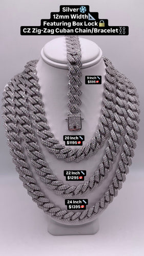 12mm CZ Zig-Zag Cuban Link Chain/Bracelet In Silver