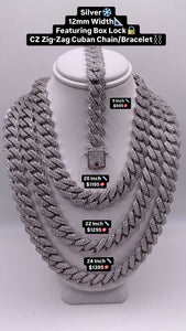 12mm CZ Zig-Zag Cuban Link Chain/Bracelet In Silver