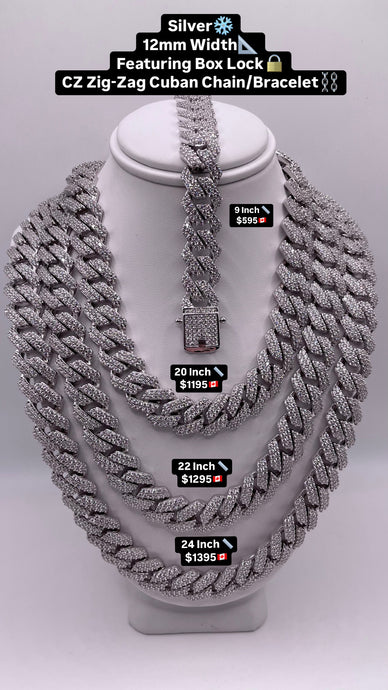 12mm CZ Zig-Zag Cuban Link Chain/Bracelet In Silver