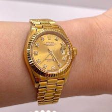 Load image into Gallery viewer, 26mm Women’s Presidential DateJust Rolex Watch With Champagne Diamond Dial In 18 KT Gold