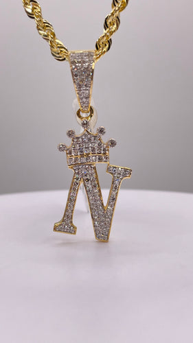 0.53 CT. Natural Diamond Initial N Pendant With Crown In 10 KT Yellow Gold