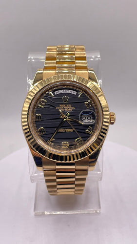 41mm DayDate Rolex Watch With Black Motif Wave Dial