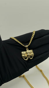 Gemini Laugh Now Cry Later Pendent & Cuban Chain Combo In 10 KT Yellow Gold