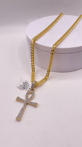 1.0 CT. Natural Diamond Ankh Pendent & Franco Chain Combo In 10 KT Yellow Gold