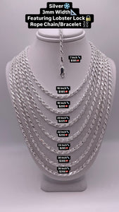 3mm Rope Chain/Bracelet In Silver