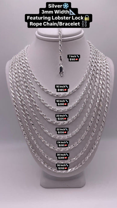 3mm Rope Chain/Bracelet In Silver