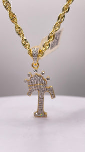 0.37 CT. Natural Diamond Initial T Pendent With Crown In 10 KT Yellow Gold