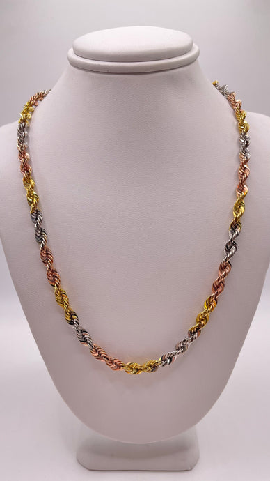 4.4mm Three-Tone Rope Chain In 10 KT Yellow, White & Rose Gold