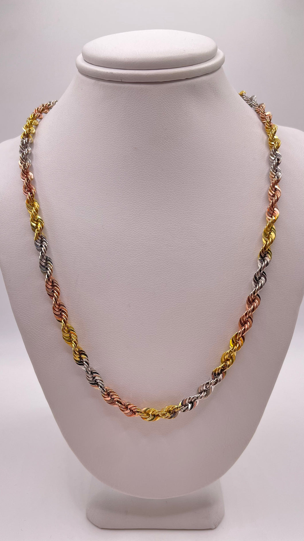 4.4mm Three-Tone Rope Chain In 10 KT Yellow, White & Rose Gold
