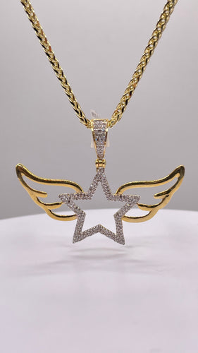 0.37 CT. Natural Diamond Star & Angel Wing Pendant In 10 KT Yellow Gold