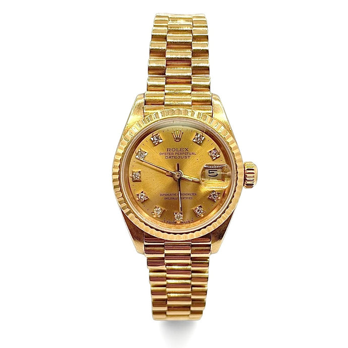26mm Women’s Presidential DateJust Rolex Watch With Champagne Diamond Dial In 18 KT Gold