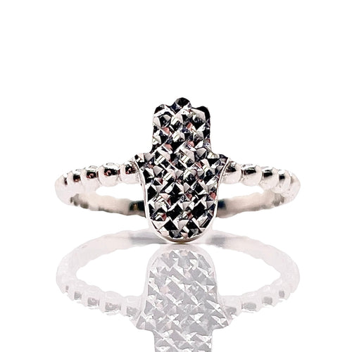 Diamond-Cut Hamsa Hand Ball Ring In 10 KT White Gold