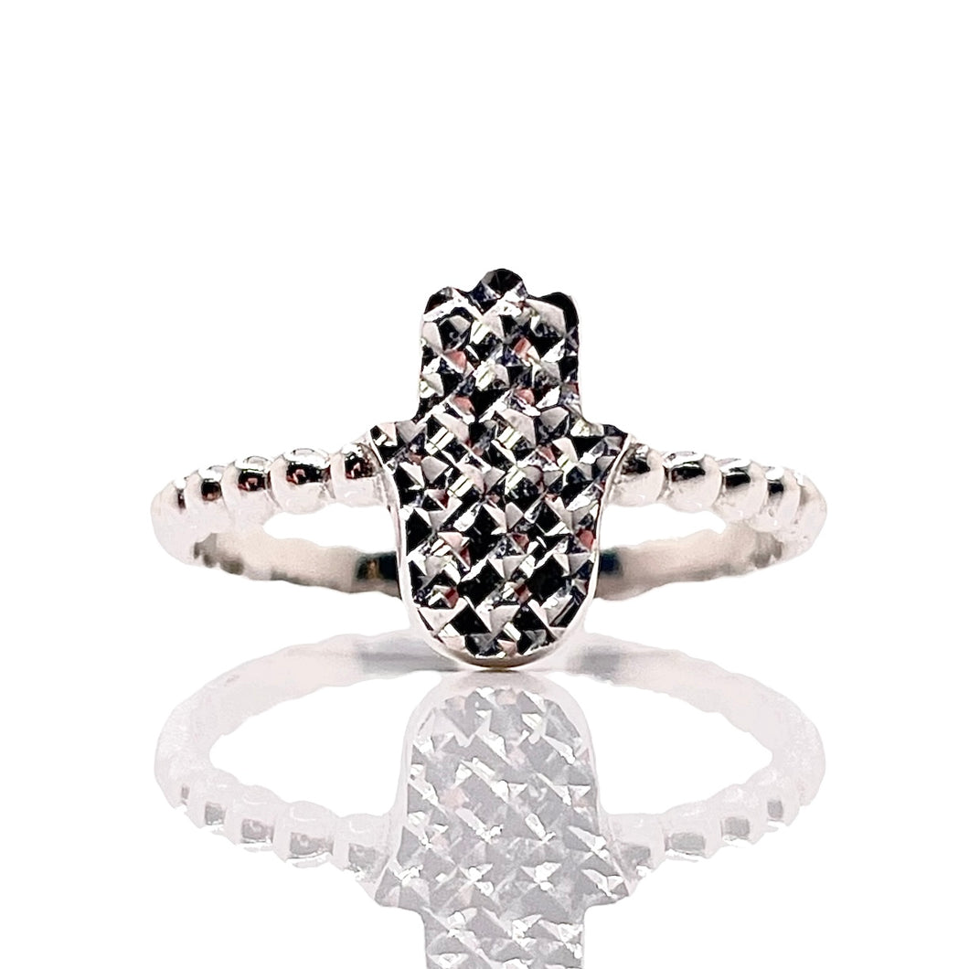 Diamond-Cut Hamsa Hand Ball Ring In 10 KT White Gold