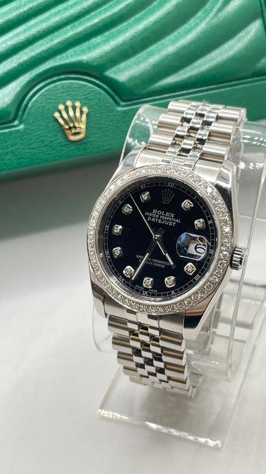 36mm DayDate Rolex Watch With Black Diamond Dial & Bezel