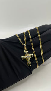 Solid Natural Diamond Cross Pendent & Cuban Link Chain Combo In 10 KT Yellow Gold