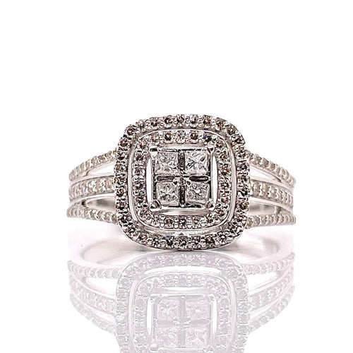 0.89 CT. Natural Diamond Quad Princess-Cut Double Halo Engagement Ring In 10 KT White Gold