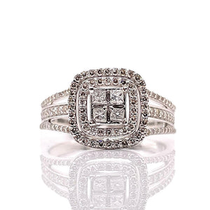 0.89 CT. Natural Diamond Quad Princess-Cut Double Halo Engagement Ring In 10 KT White Gold