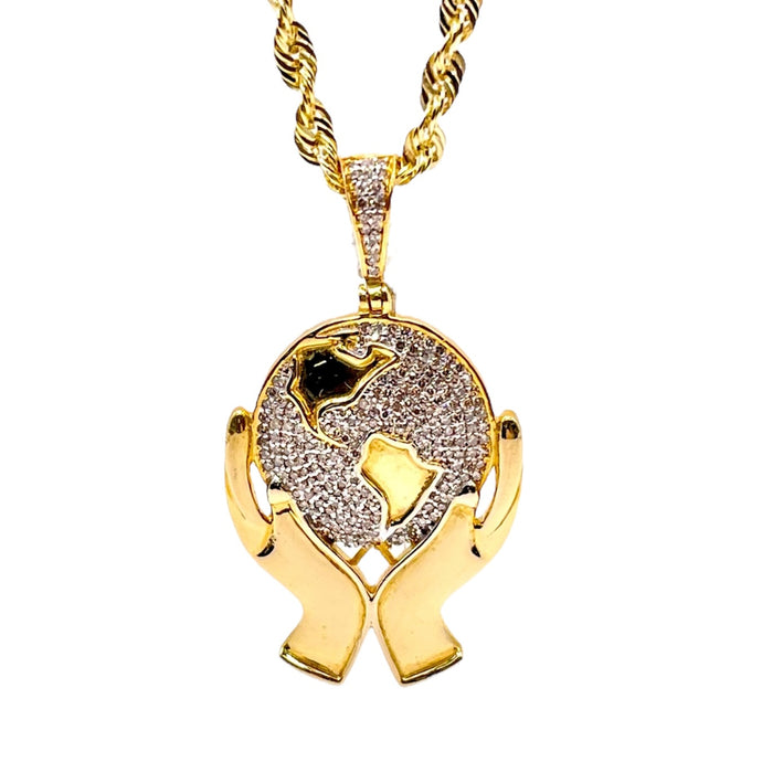 0.57 CT. Natural Diamond Hands Holding Globe Pendent In 10 KT Yellow Gold