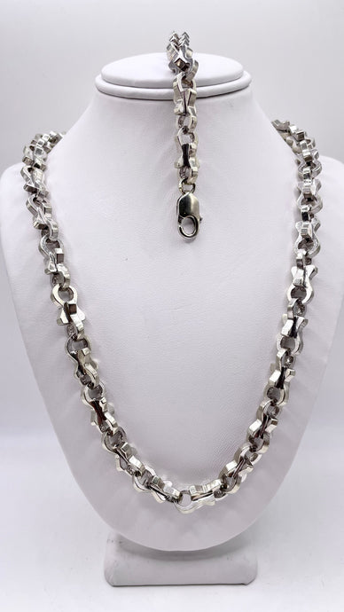 8mm Unique Link Chain & Bracelet Combo In 10 KT White Gold