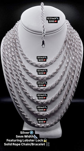 5mm Solid Rope Chain/Bracelet In Silver