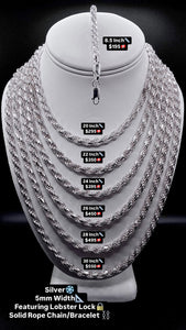 5mm Solid Rope Chain/Bracelet In Silver