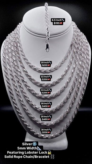 5mm Solid Rope Chain/Bracelet In Silver