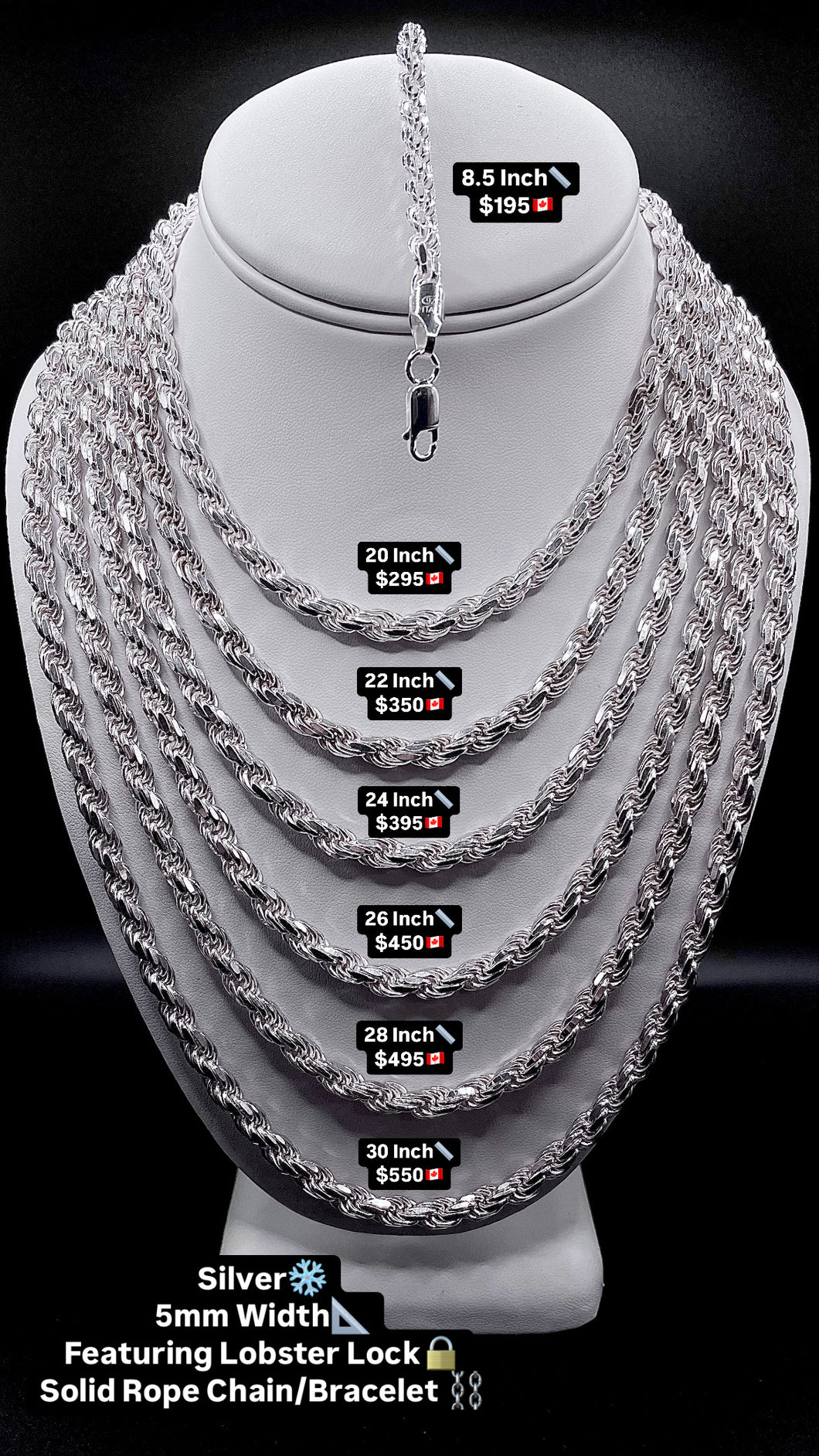 5mm Solid Rope Chain/Bracelet In Silver