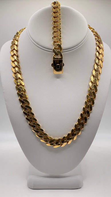 12.8mm 21 KT Yellow Gold Miami Cuban Chain & Bracelet Set