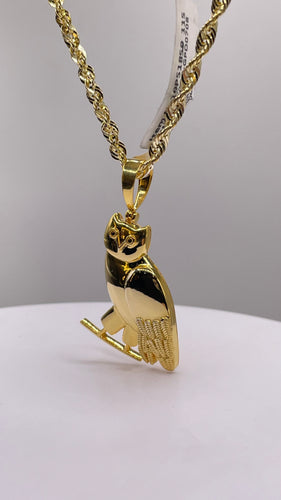OVO Owl Pendant & Rope Chain Combo In 10 KT Yellow Gold