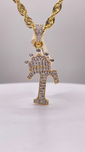 0.37 CT. Natural Diamond Initial T Pendant With Crown In 10 KT Yellow Gold