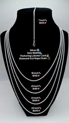 1mm Diamond Cut Rope Chain/Bracelet In Silver