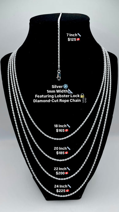 1mm Diamond Cut Rope Chain/Bracelet In Silver