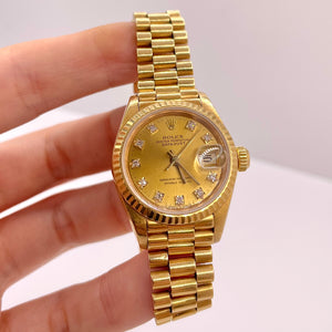 26mm Women’s Presidential DateJust Rolex Watch With Champagne Diamond Dial In 18 KT Gold