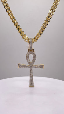 1.0 CT. Natural Diamond Ankh Pendent & Franco Chain Combo In 10 KT Yellow Gold