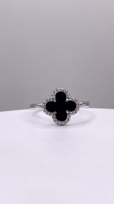 Silver Clover Women’s Ring With Onyx & CZ