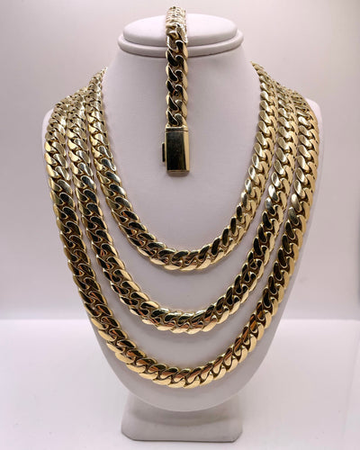 9mm Solid Miami Cuban Link Chain With Box Lock In 10 KT Yellow Gold