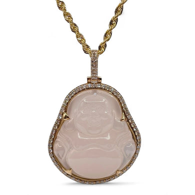White Jade Buddha Pendant With 10 KT Gold Diamond Frame