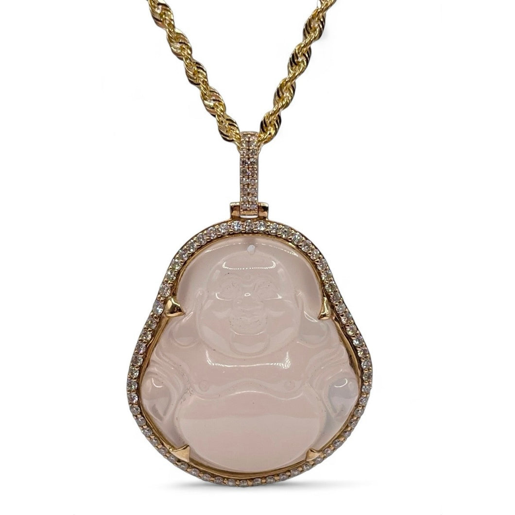 White Jade Buddha Pendant With 10 KT Gold Diamond Frame