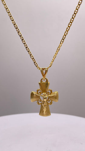 18 KT Cross Pendant & Flat Gucci Link Chain Combo