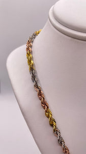 4.4mm Three-Tone Rope Chain In 10 KT Yellow, White & Rose Gold