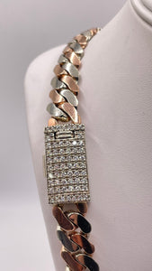 11mm Two-Tone Solid Miami Cuban Link Chain In 10 KT Rose & White Gold Featuring Approx 2.50 CT. Natural Diamond Box Lock