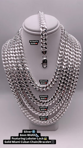 8mm Solid Miami Cuban Link Chain/Bracelet In Silver