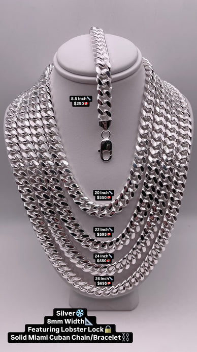8mm Solid Miami Cuban Link Chain/Bracelet In Silver