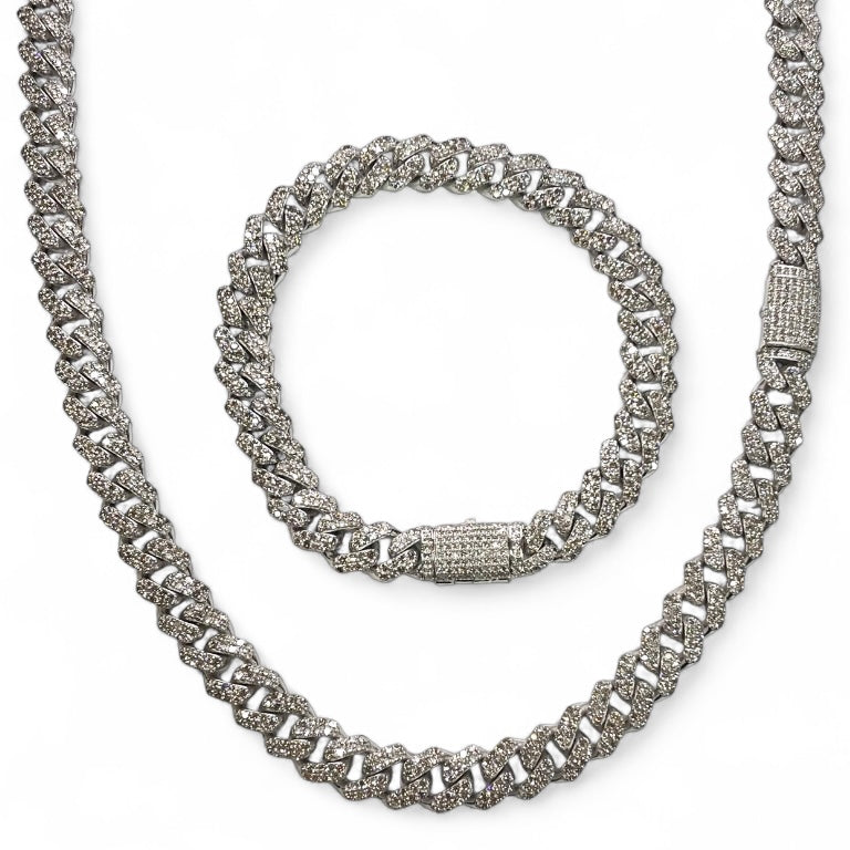 Natural Diamond Cuban Chain & Bracelet Combo In 10 KT White Gold