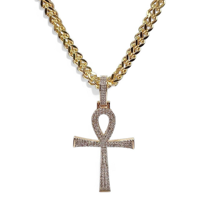 1.0 CT. Natural Diamond Ankh Pendent & Franco Chain Combo In 10 KT Yellow Gold