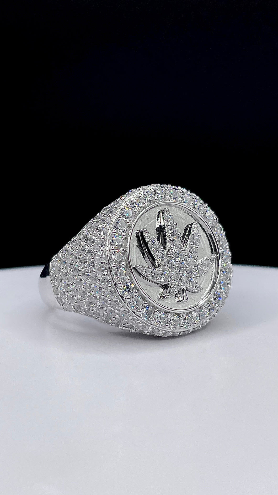 Marijuana Leaf Silver Men’s Ring With CZ