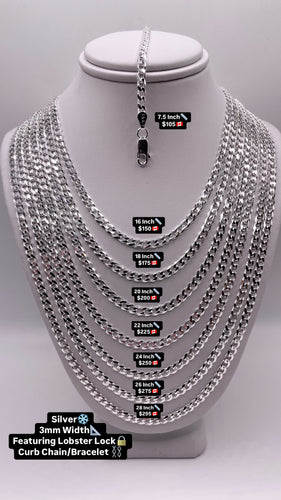 3mm Curb Chain/Bracelet In Silver