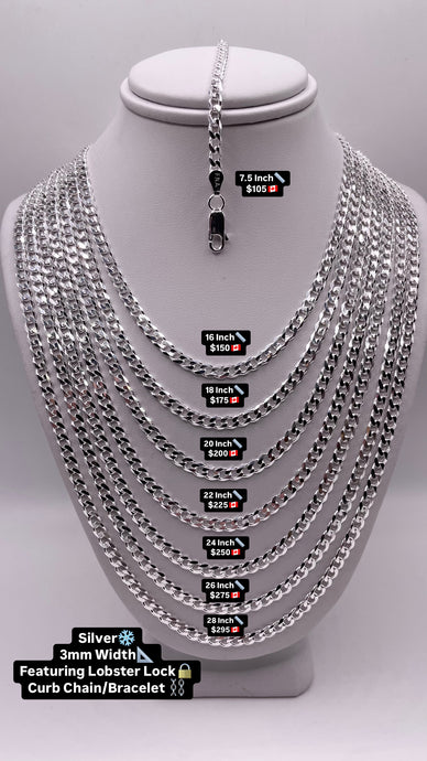 3mm Curb Chain/Bracelet In Silver