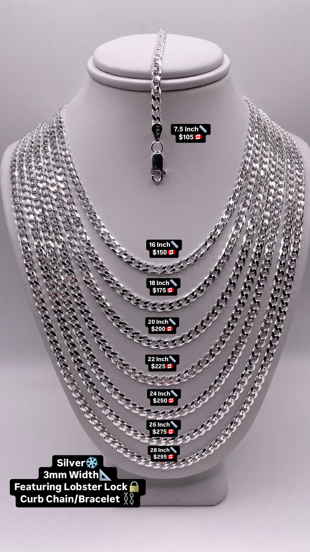 3mm Curb Chain/Bracelet In Silver