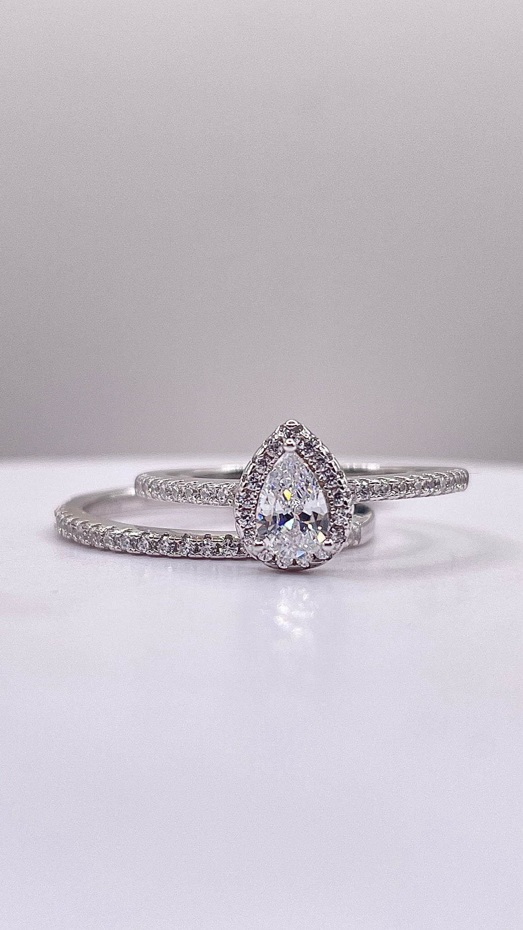 Pair Shape Silver Engagement Ring Set With CZ